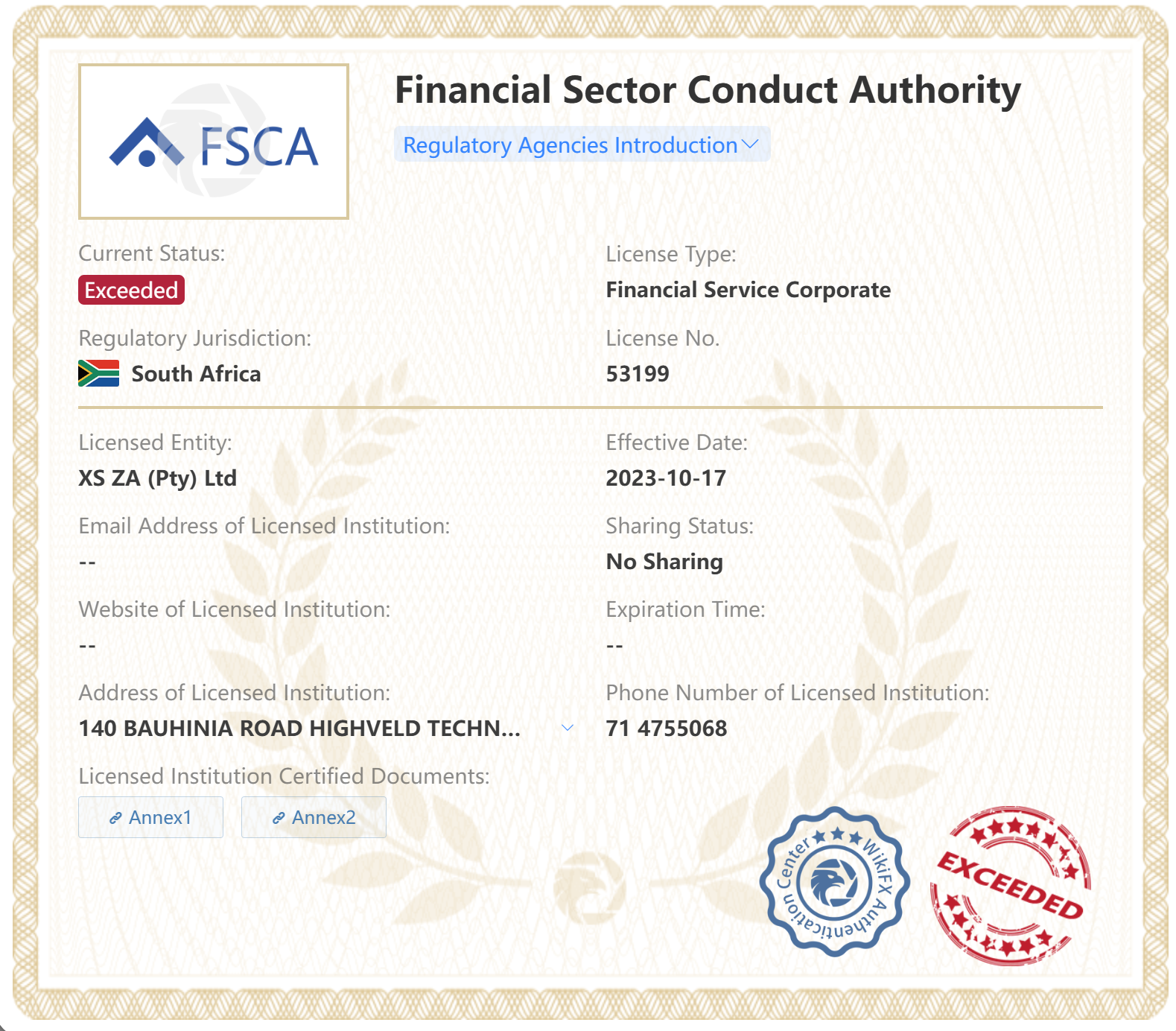XS FSCA south africa license
