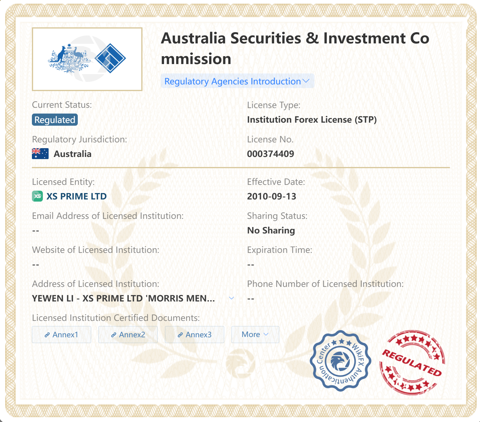 xs ASIC australia license